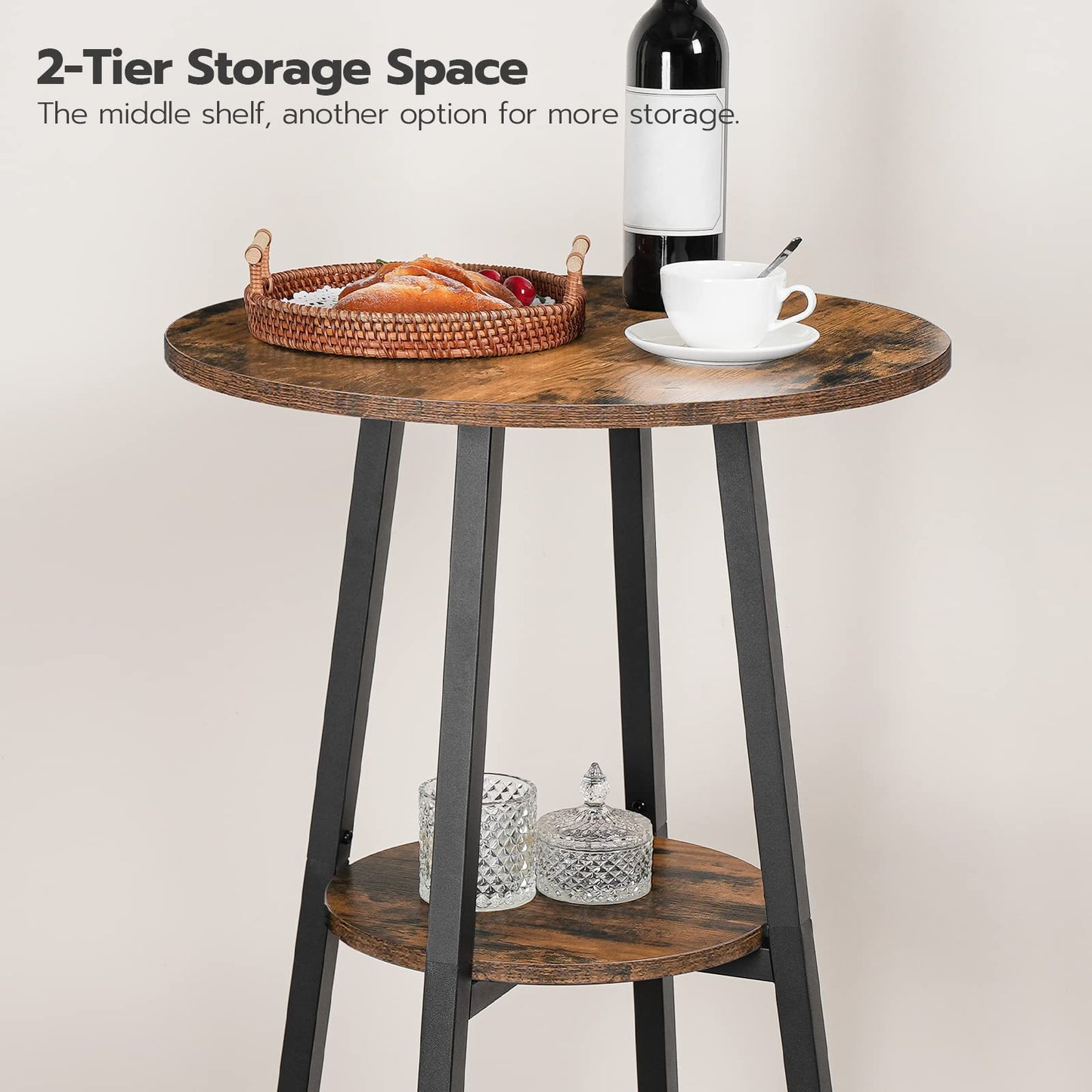 Two-tier wooden side table with items on a plain background