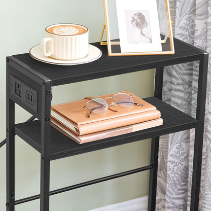 HOOBRO Black Small Narrow Side Table with Charging Station & USB Port & Storage Shelf