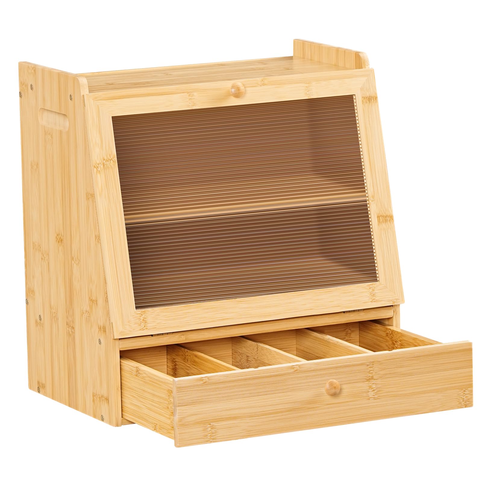 Wooden storage box with a transparent lid and a drawer on a white background