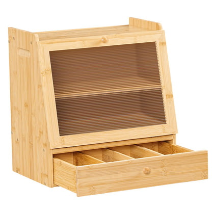 Wooden storage box with a transparent lid and a drawer on a white background