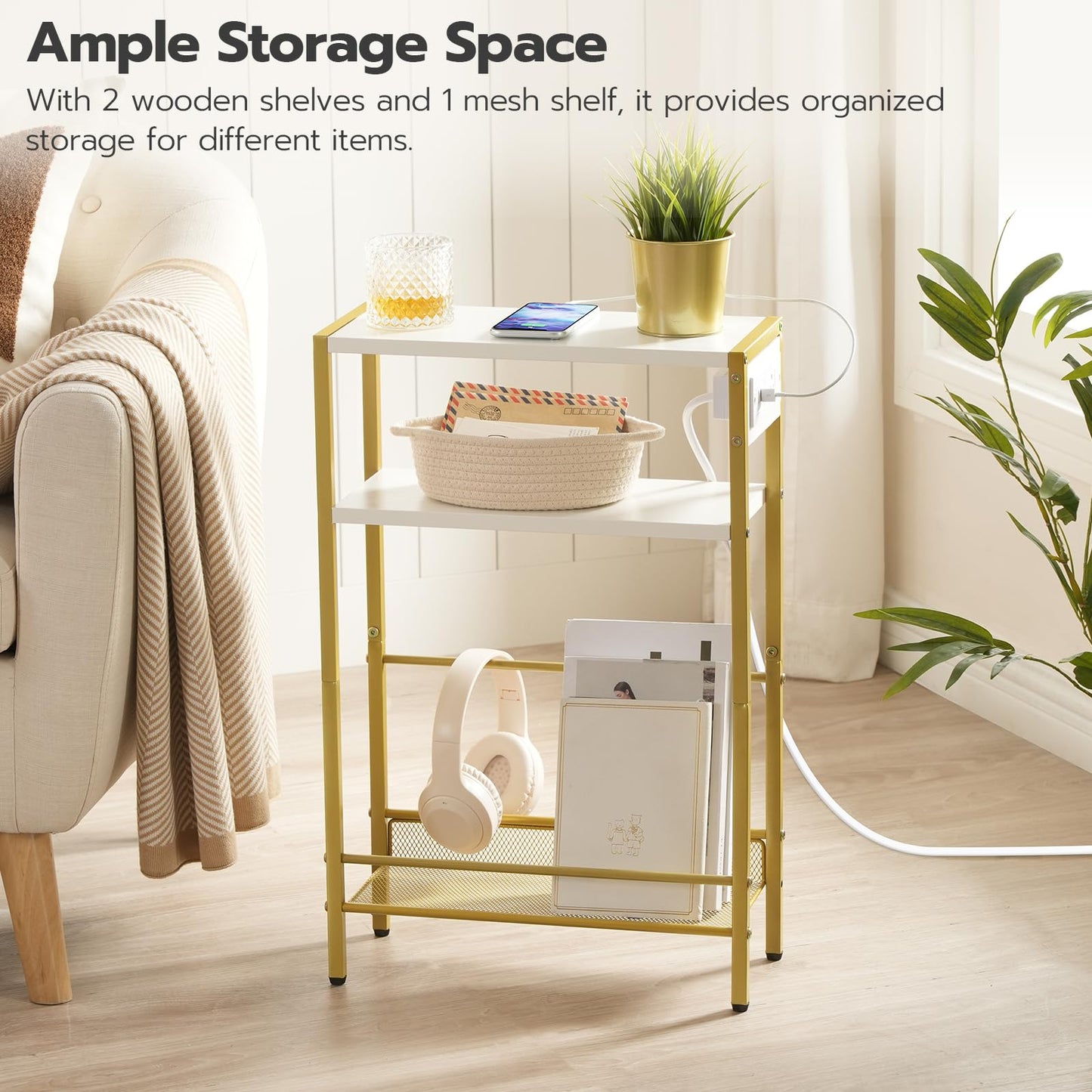 HOOBRO Mini Narrow Side Table with Charging Station & USB Port