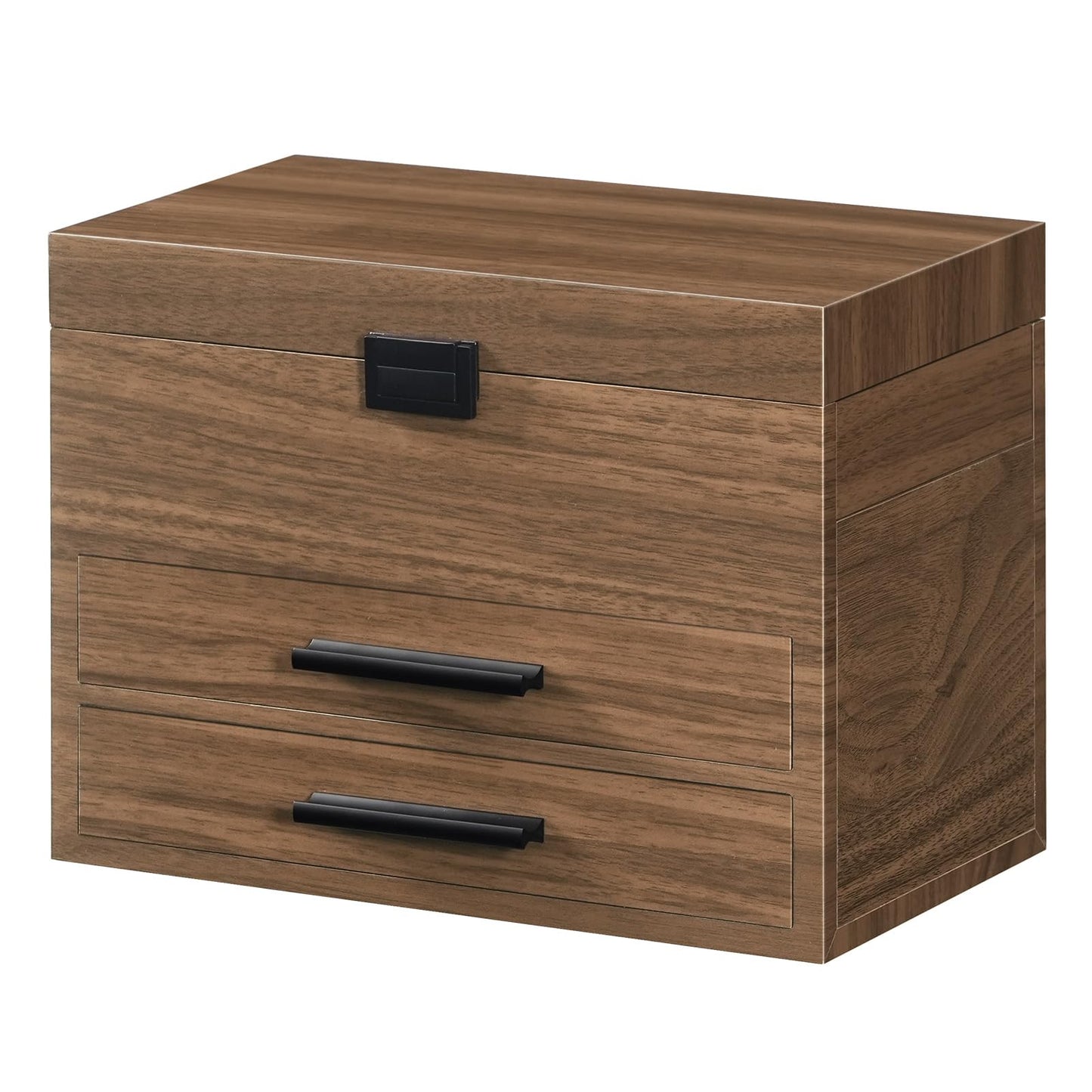 Wooden file cabinet with two drawers on a white background
