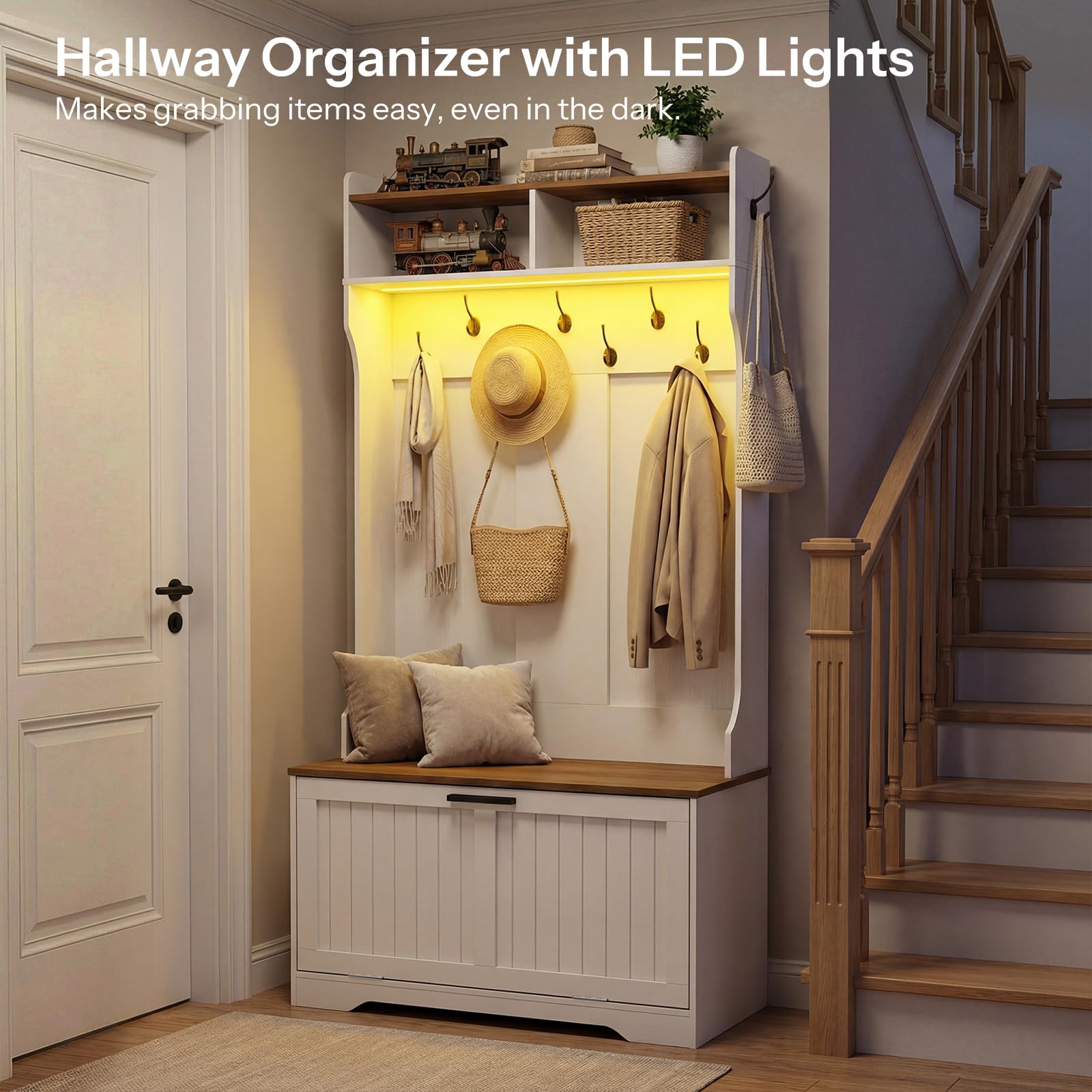 Hallway organizer with LED lights, hooks, and storage bench in a home setting.