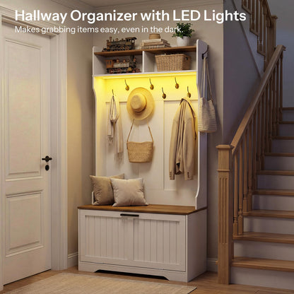 Hallway organizer with LED lights, hooks, and storage bench in a home setting.