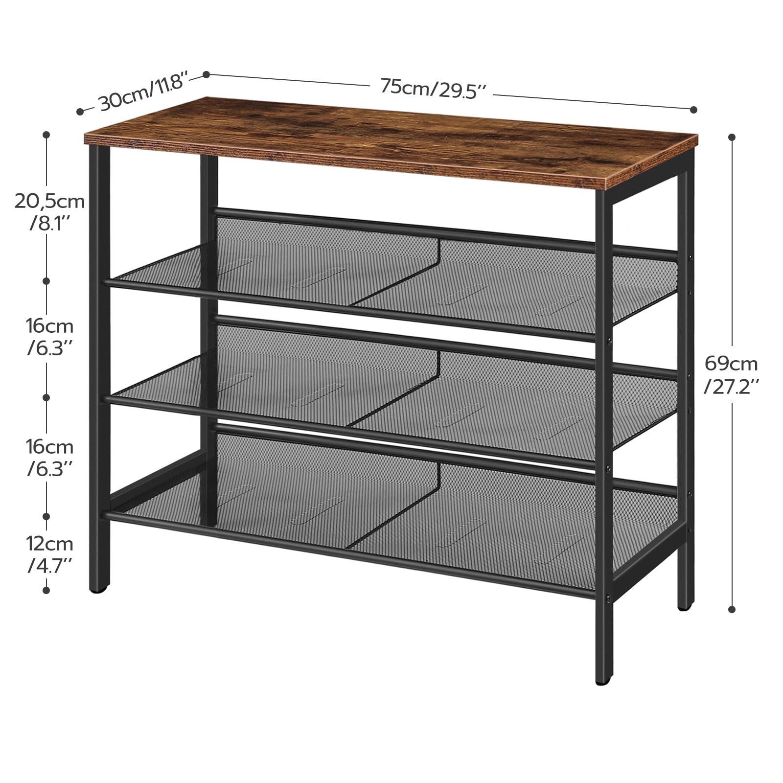 Wooden top and metal mesh shelves with dimensions on a white background