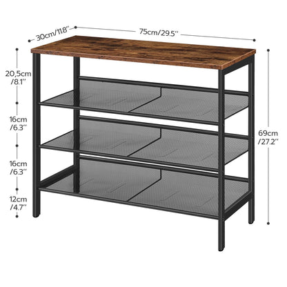 Wooden top and metal mesh shelves with dimensions on a white background