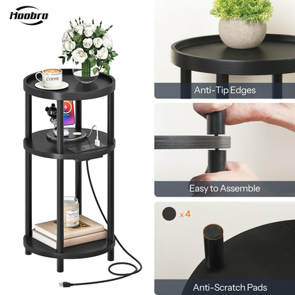 HOOBRO 3-Tier Bamboo Round Side Table with Charging Station