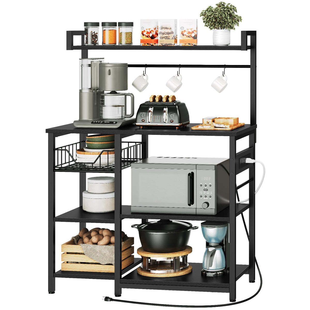 HOOBRO Bakers Rack with Power Outlet, 35.4 Inches Coffee Bar with Mesh Basket, Microwave Stand with 4 S-Shaped Hooks, Kitchen Bakers Rack with Storage, Easy to Assemble, Black BB05HB01
