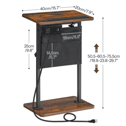 HOOBRO Side Table, Narrow End Table with Charging Station, Height Adjustable Side Table, Tiltable Surface, Storage Bag, Nightstand for Small Spaces, Living Room, Rustic Brown and Black BF435UBZ01
