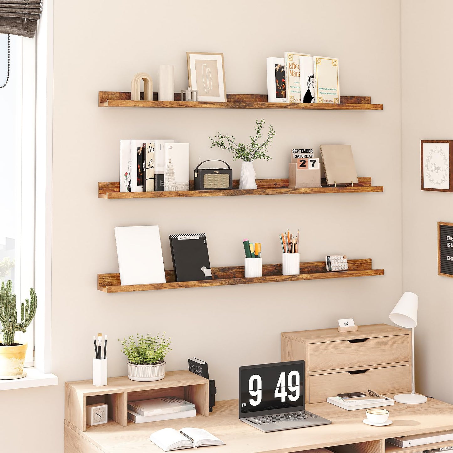 HOOBRO Retro Brown 47.2-inch Floating Shelf with Raised Edges & Concealed Brackets /3PICS