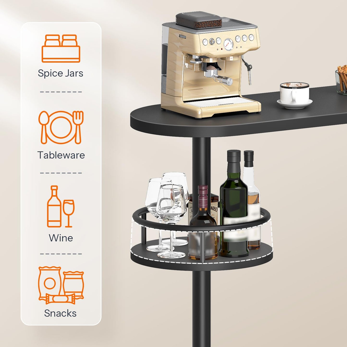 Multi-functional table with coffee machine, glasses, bottles, and a list of categories on the side.