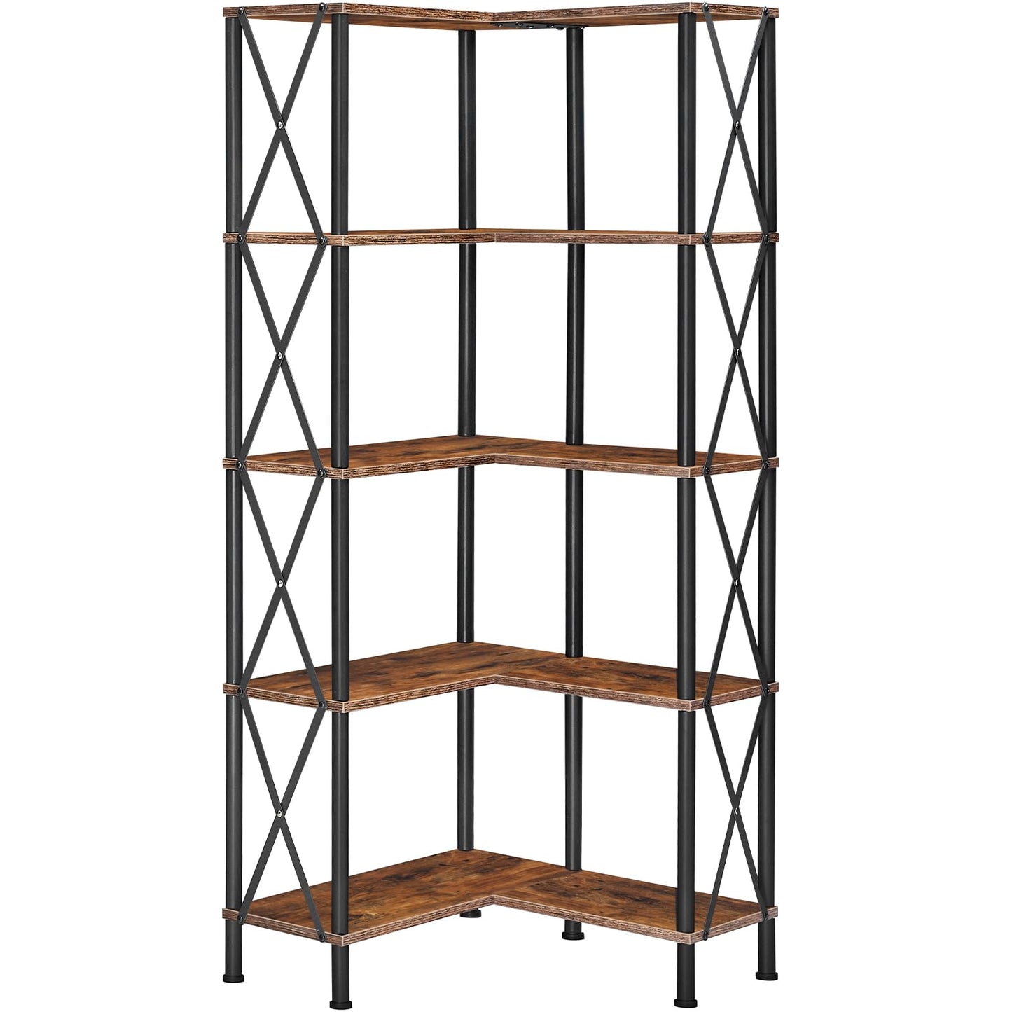 HOOBRO Retro Brown 5-Tier Industrial Style Open Display L-Shaped Corner Bookshelf