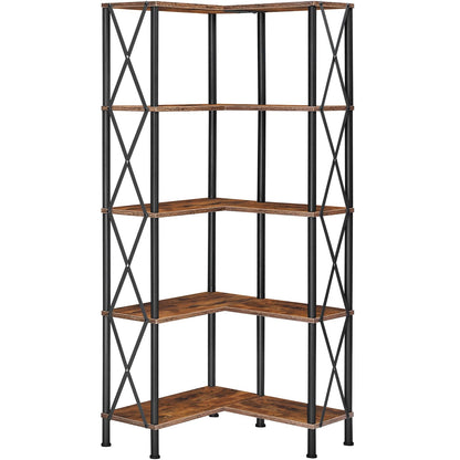 HOOBRO Retro Brown 5-Tier Industrial Style Open Display L-Shaped Corner Bookshelf