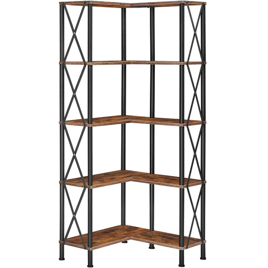 HOOBRO Retro Brown 5-Tier Industrial Style Open Display L-Shaped Corner Bookshelf