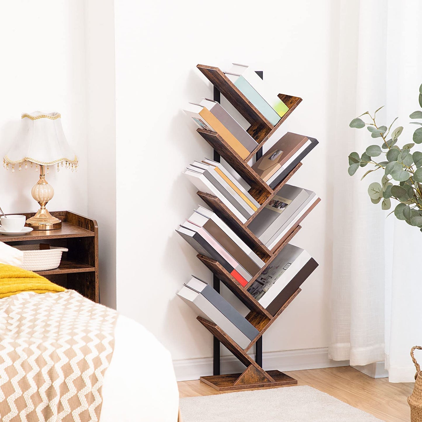 HOOBRO Vintage Brown 9-Tier Floor-Standing Wooden Tree-Shaped Bookshelf