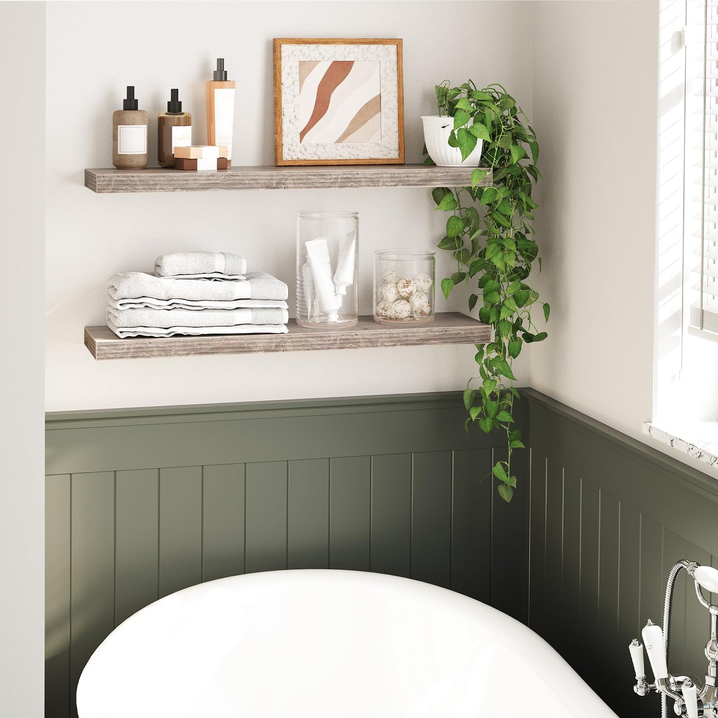 Nursery room with wooden shelves, baby clothes, and decorative items.