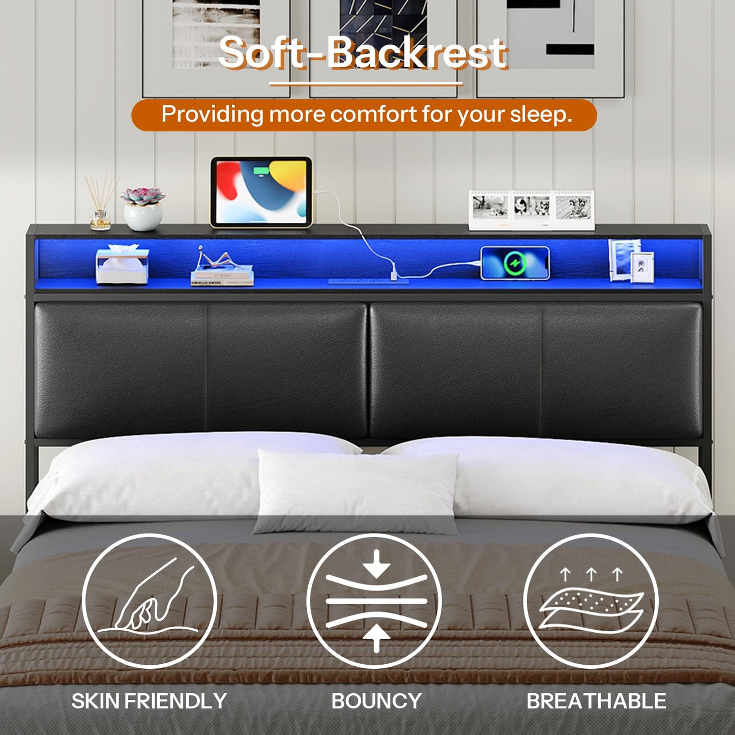 HOOBRO Queen Metal Bed Frame with LED Lights & Headboard Shelves