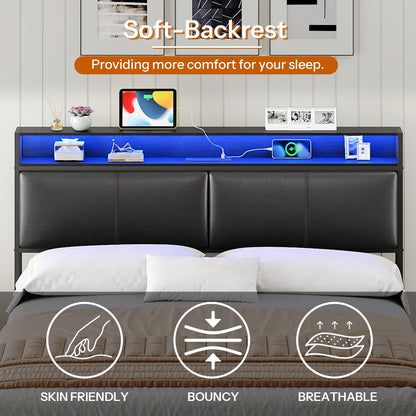 HOOBRO Queen Metal Bed Frame with LED Lights & Headboard Shelves