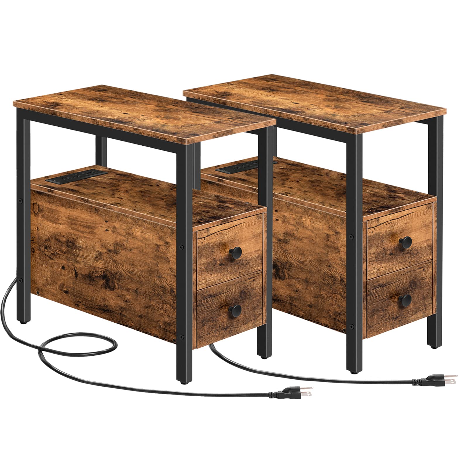 Pair of wooden side tables with drawers and black metal legs on a white background