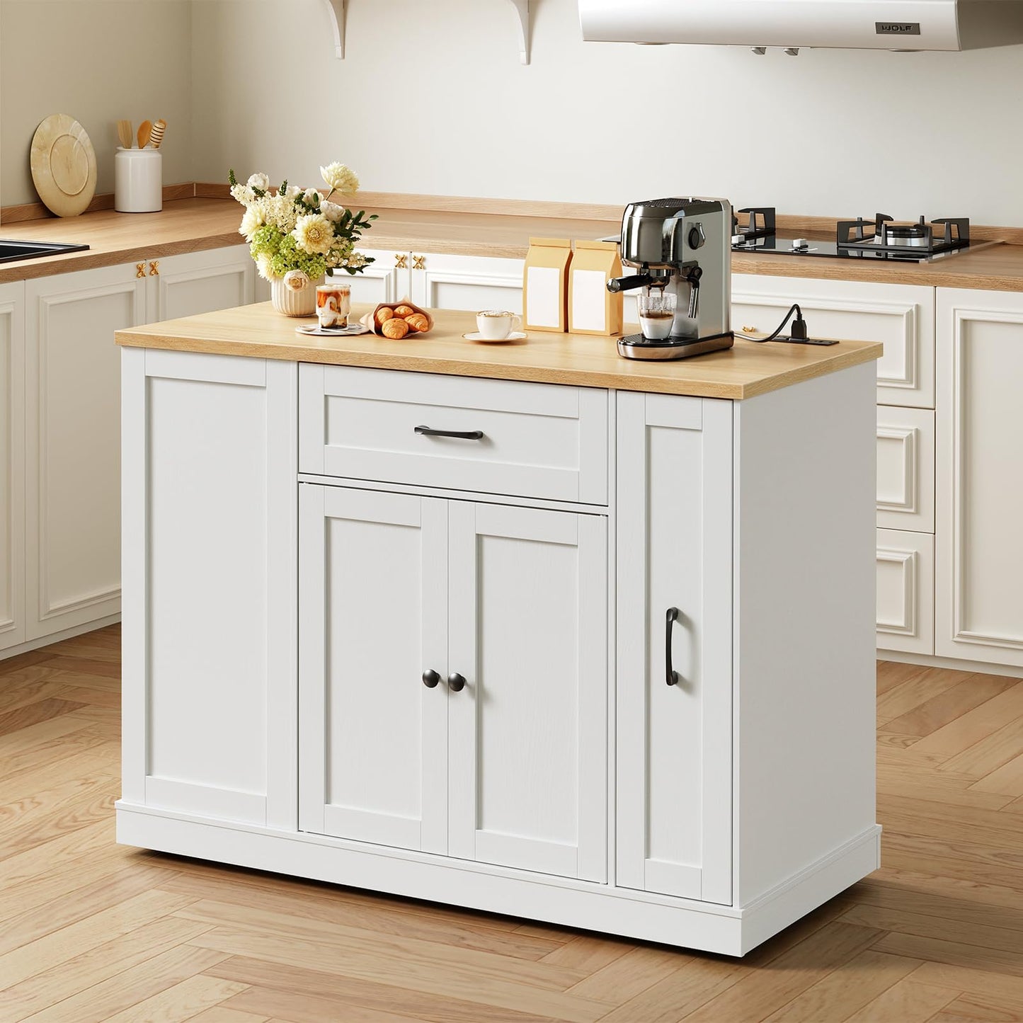 HOOBRO Rolling Kitchen Island with Trash Can Storage & Power Outlet