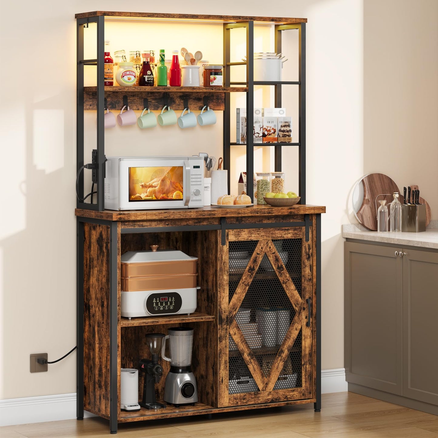 Wooden kitchen cabinet with shelves and a microwave inside, in a kitchen setting.