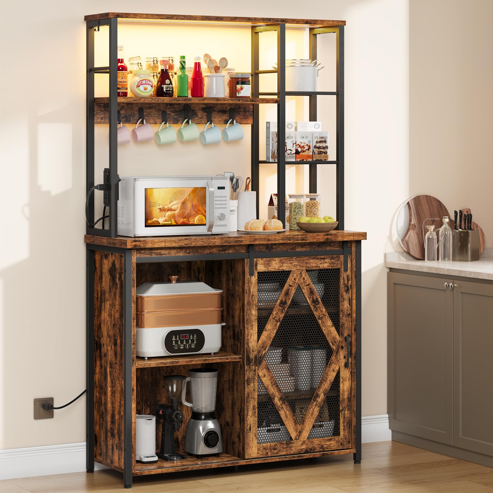 Wooden kitchen cabinet with shelves and a microwave inside, in a kitchen setting.