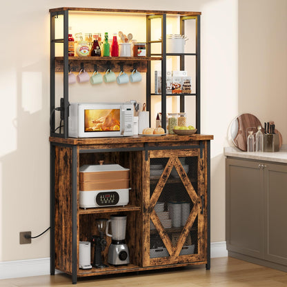Wooden kitchen cabinet with shelves and a microwave inside, in a kitchen setting.