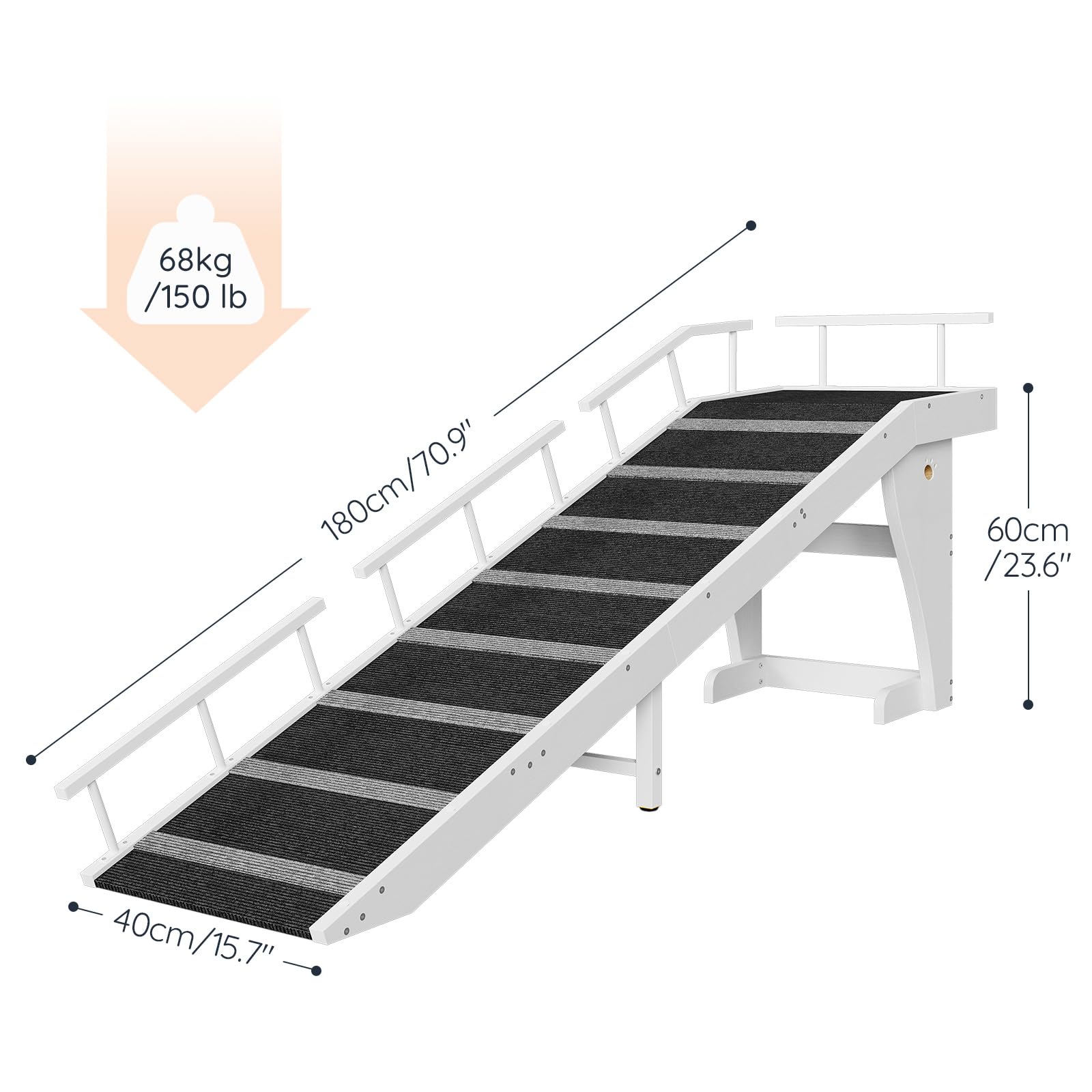 Pet ramp with dimensions and weight capacity on a white background