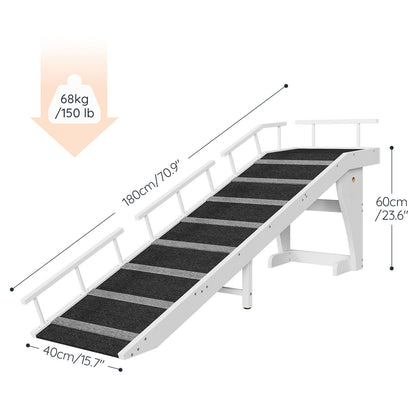 Pet ramp with dimensions and weight capacity on a white background