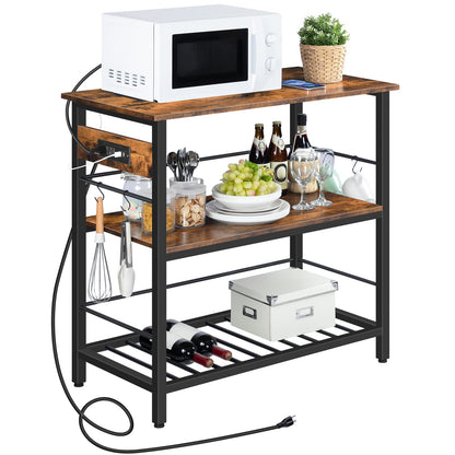 HOOBRO Retro Brown 35.4-inch Long Three-Tier Kitchen Island with Power Outlet