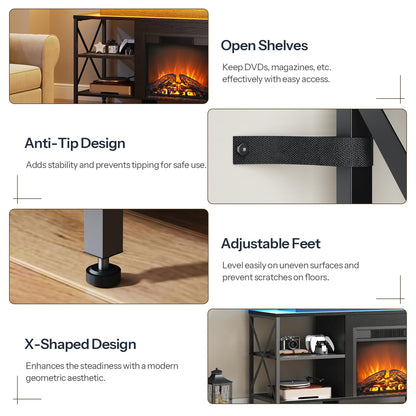 Product features including open shelves, anti-tip design, adjustable feet, and X-shaped design with a blurred background.