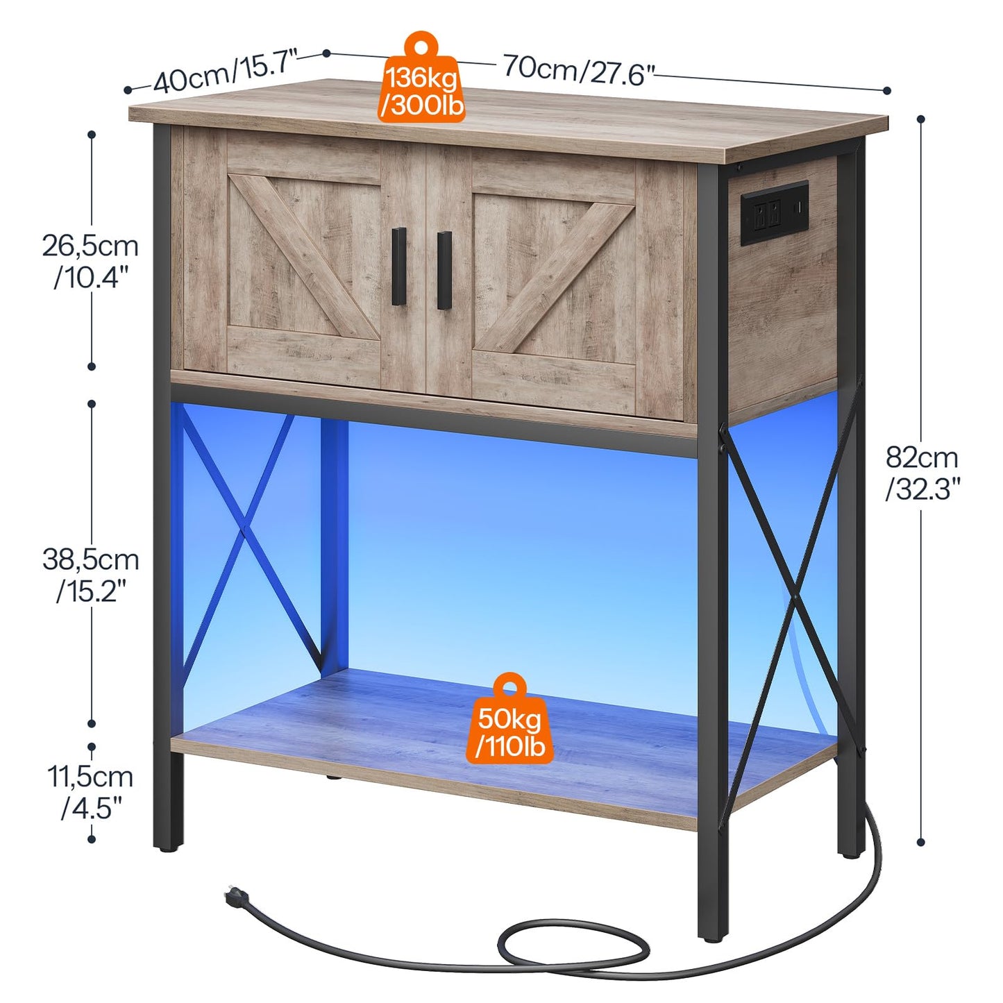Furniture with dimensions and weight indicators on a white background