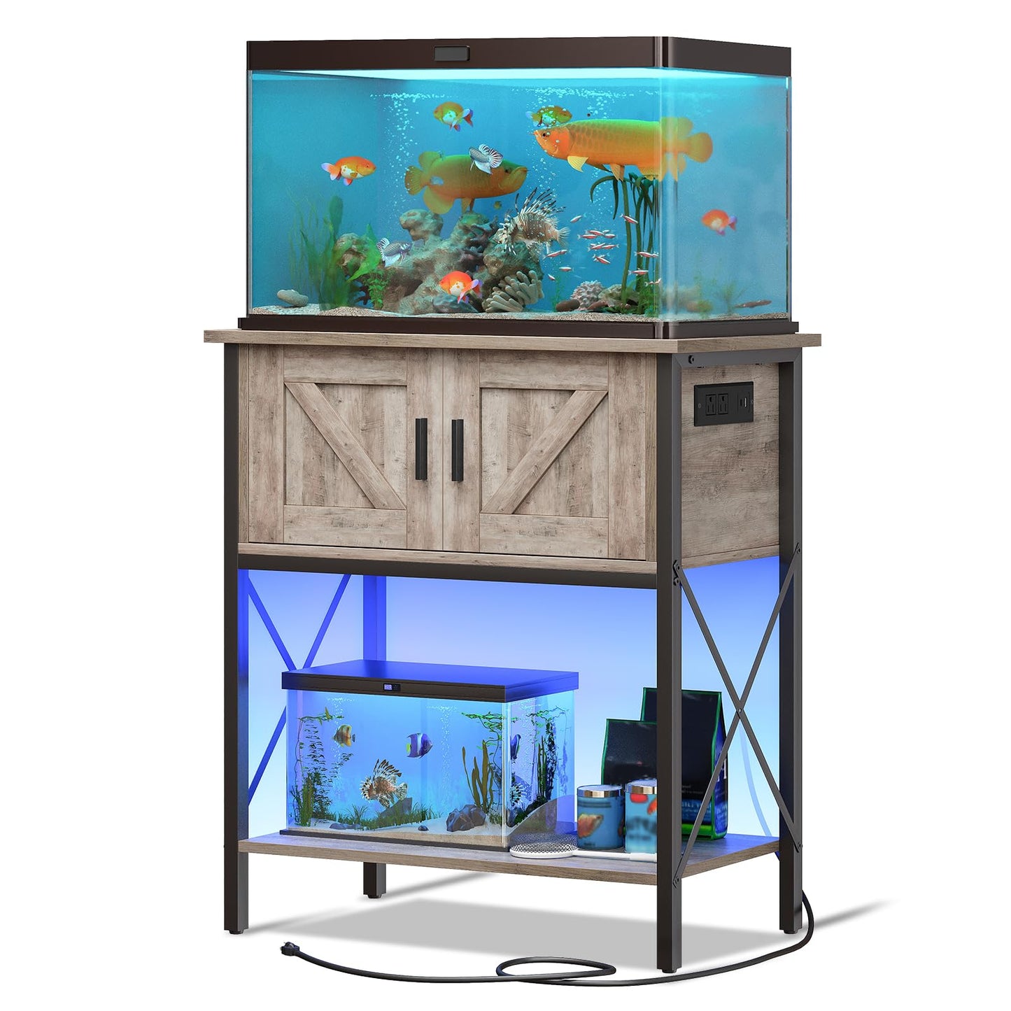 Two aquariums on stands with wooden cabinets and fish inside, on a white background