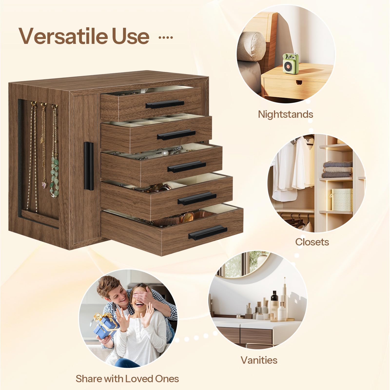 Wooden jewelry organizer with multiple drawers, shown in various settings like nightstands, closets, and vanities.