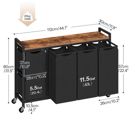 HOOBRO Laundry Sorter with 5 Sections, 45.5 Gal. (170 L) Laundry Hamper with Wheels and Shelf, Large Capacity, Laundry Basket with Removable Bags, 44.1"L x 11.8"W x 31.5"H, Rustic Brown, BF26XY01