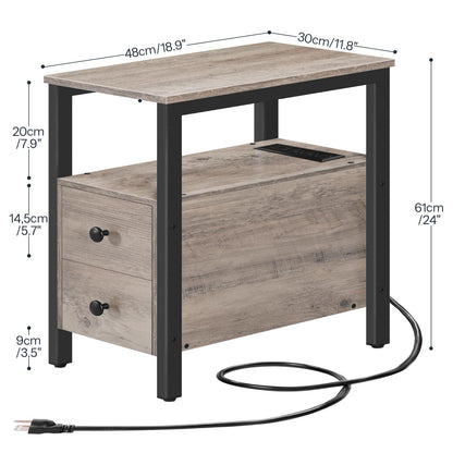 Side table with power cord and dimensions labeled