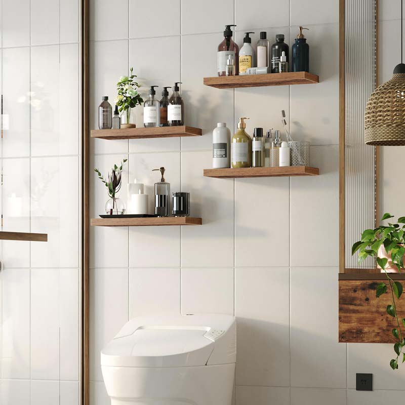 Bathroom with wooden shelves holding various bottles and a mirror reflecting a plant.