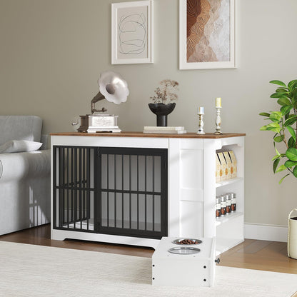 HOOBRO 47.2”  Wooden Dog Crate Furniture with Storage Shelf and Feeding Bowls