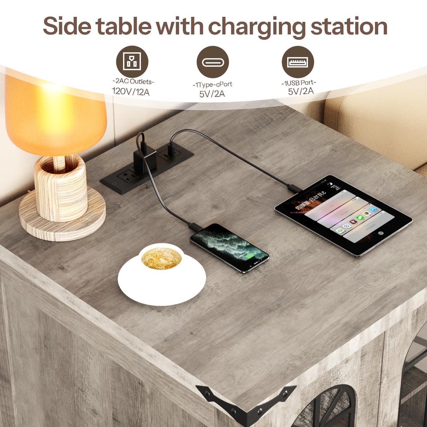 HOOBRO 23.6" Wooden Side Tables & Nightstand with Charging Station & LED Lights