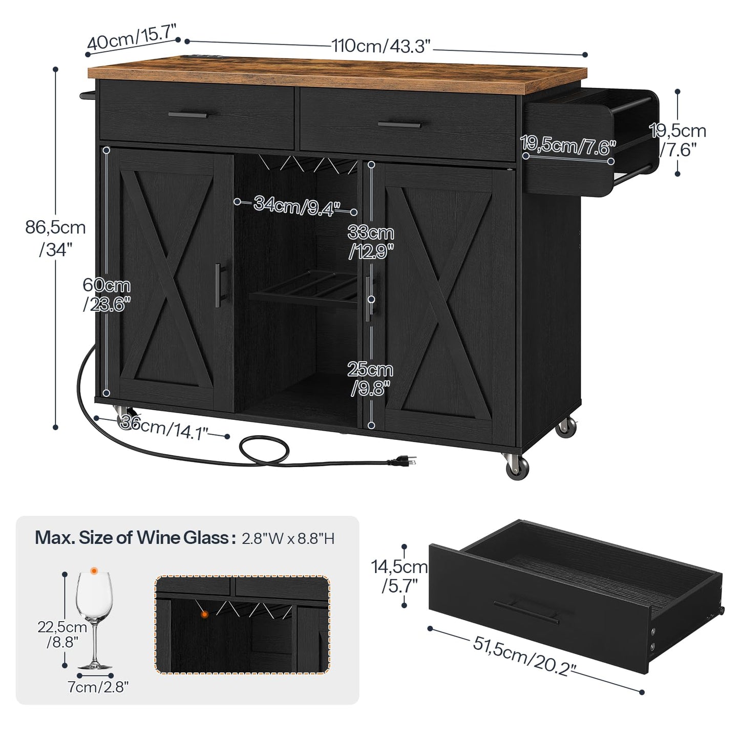 HOOBRO Rolling Kitchen Island with Power Outlet & Wine Storage
