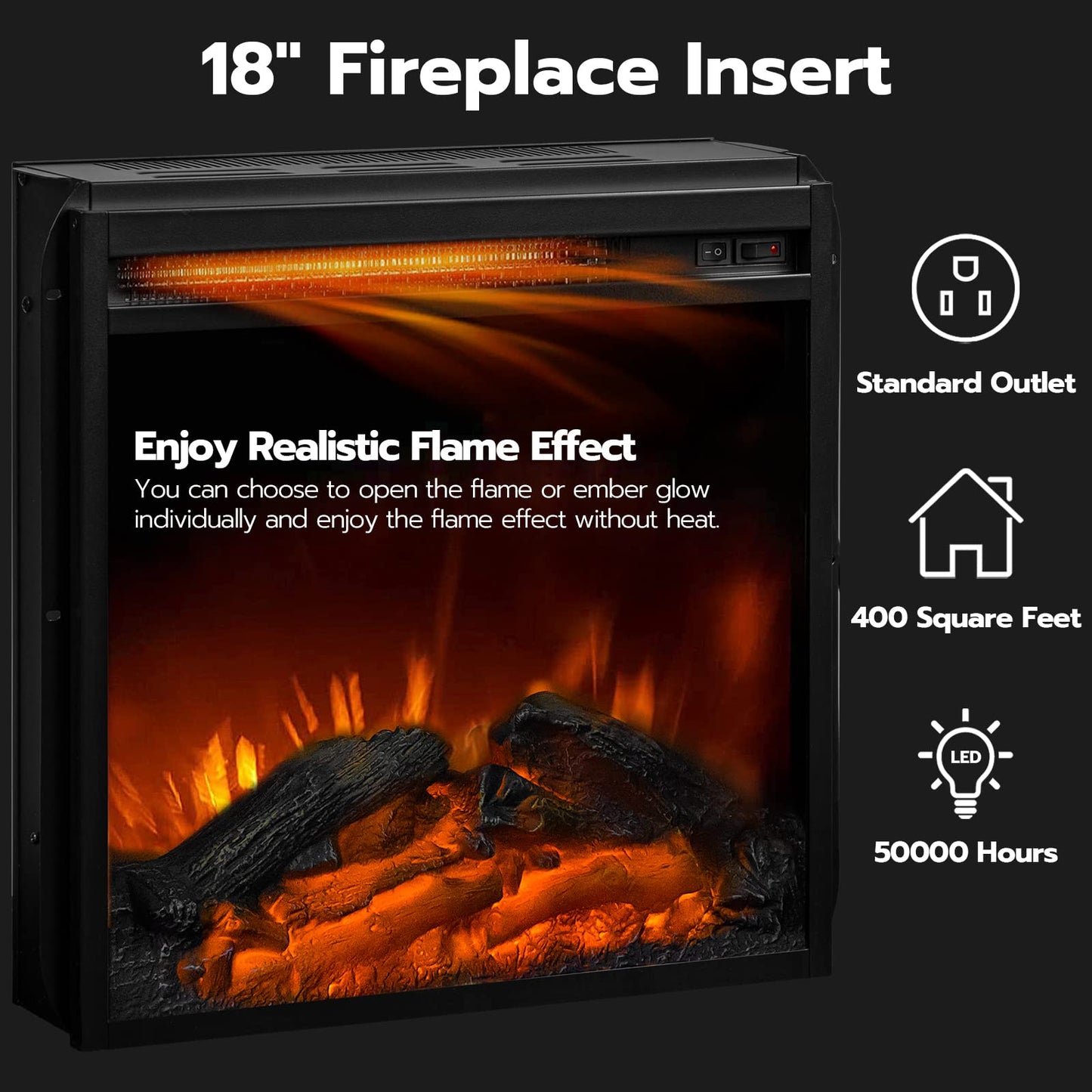 HOOBRO Black Electric Fireplace TV Stand with Charging Station & LED Light Strip & Adjustable Glass Shelf