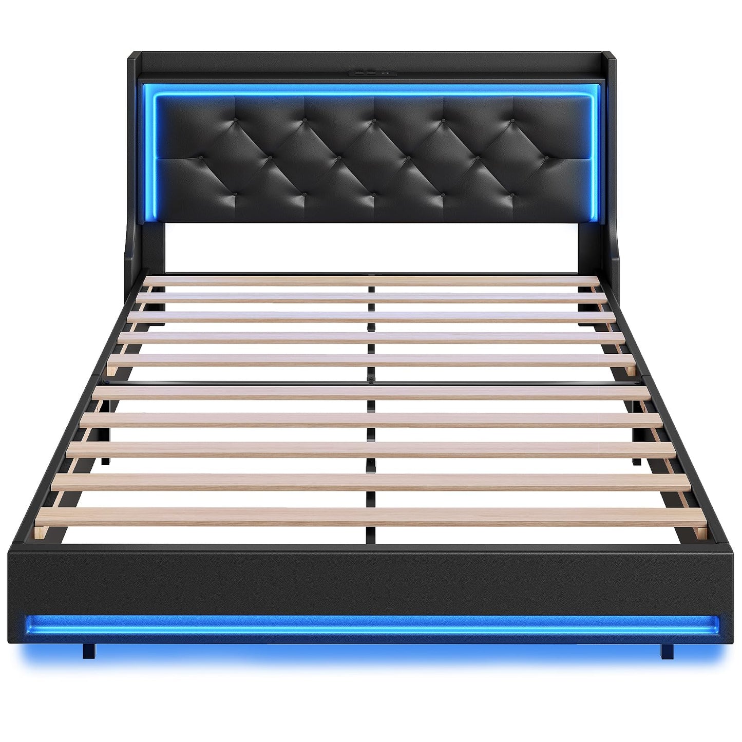 Black bed frame with blue LED lighting on a white background
