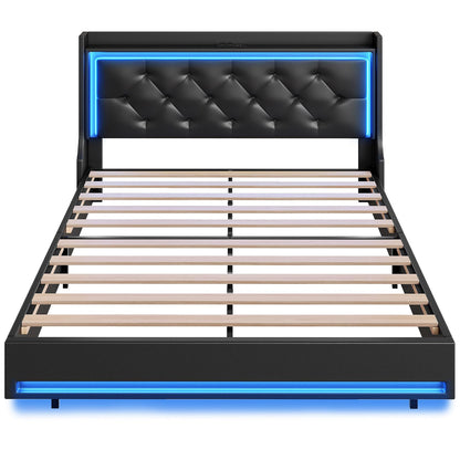 Black bed frame with blue LED lighting on a white background