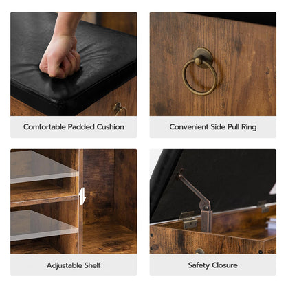 HOOBRO Retro Brown Flip-Top Padded Shoe Stool with Adjustable Shelves & Hidden Compartments