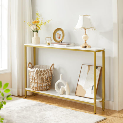 Console table with decorative items in a bright room