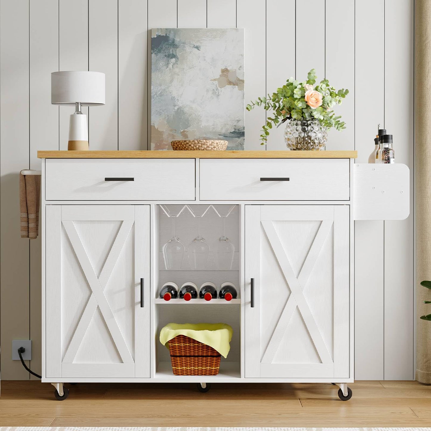 HOOBRO Rolling Kitchen Island with Power Outlet & Drawers