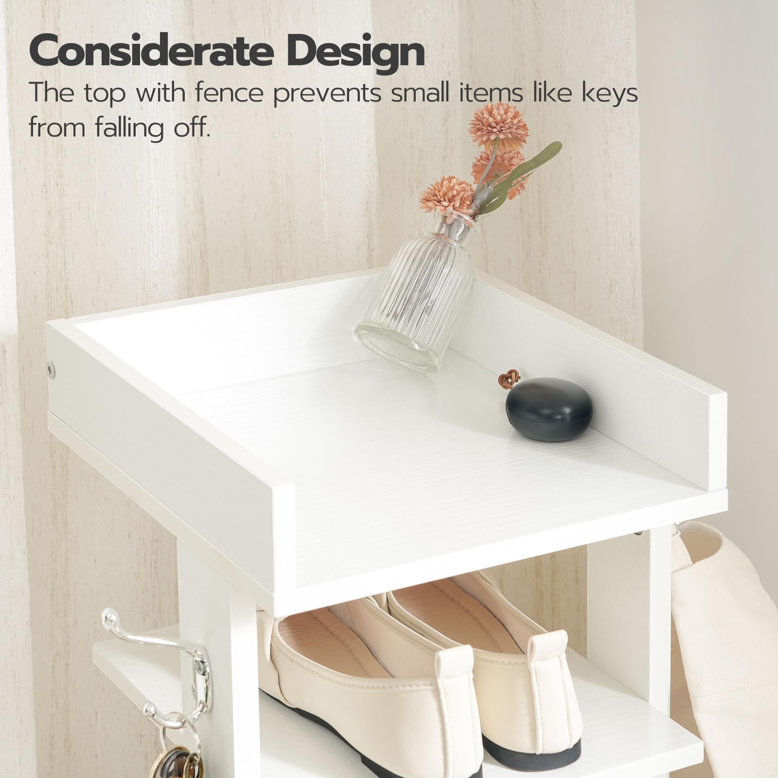 White shoe rack with shoes and a small vase on top, featuring text about design considerations.