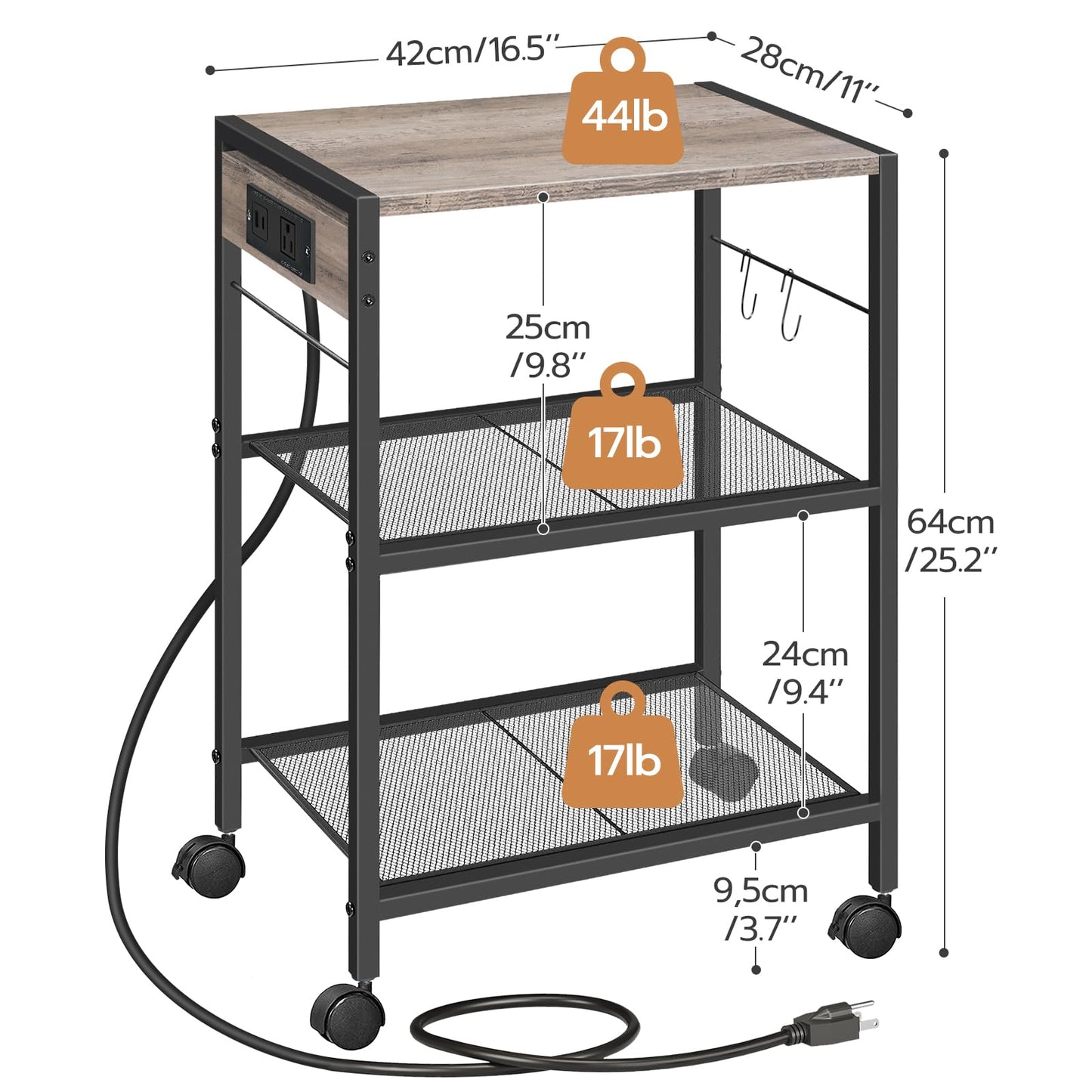 HOOBRO Greige Three-Tier Portable Industrial Printer Stand with Power Outlet & USB Port & 2 Hooks