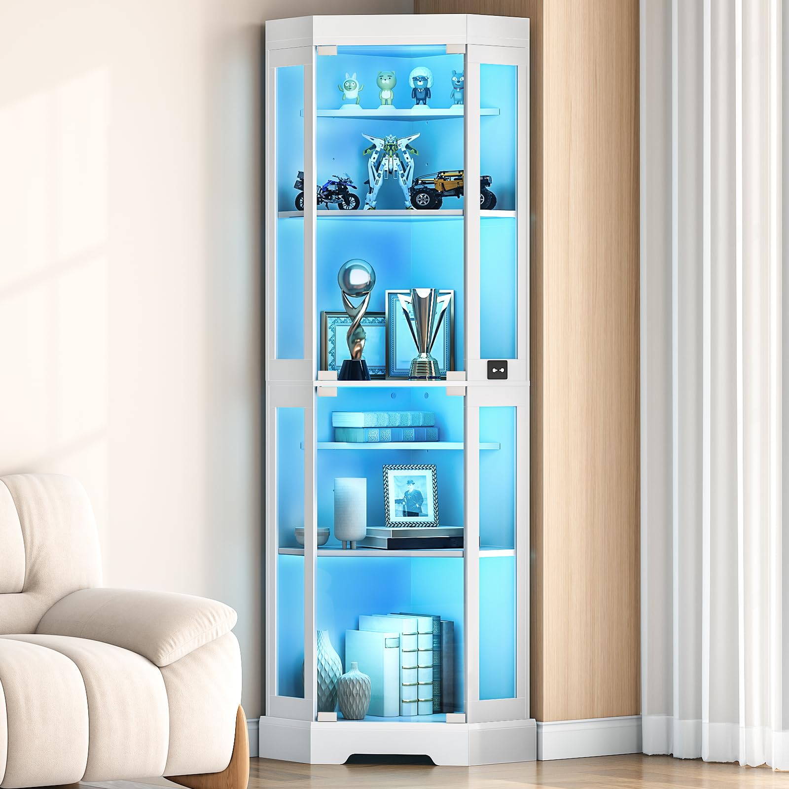 Tall corner display cabinet with blue LED lighting in a room setting.
