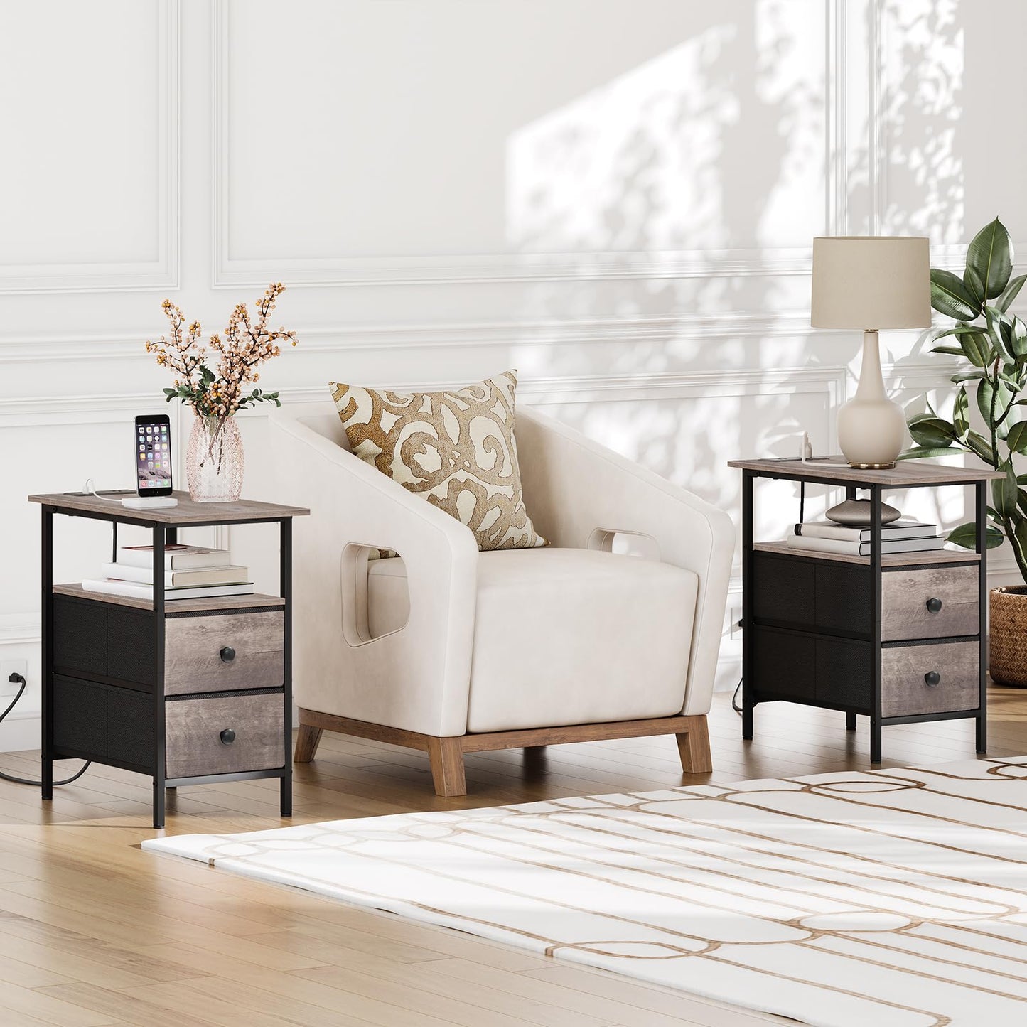 HOOBRO End Table with Charging Station, Narrow Side Table, Nightstand with 2 Non-Woven Drawers, Slim Sofa Side Table, for Small Spaces, Living Room, Bedroom, Greige and Black BG486UBZ01